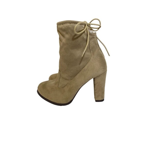 Chase & Chloe Solvang Tan Faux Suede Ankle Boots Block Heel Back Tie Size 9 - Picture 3 of 9